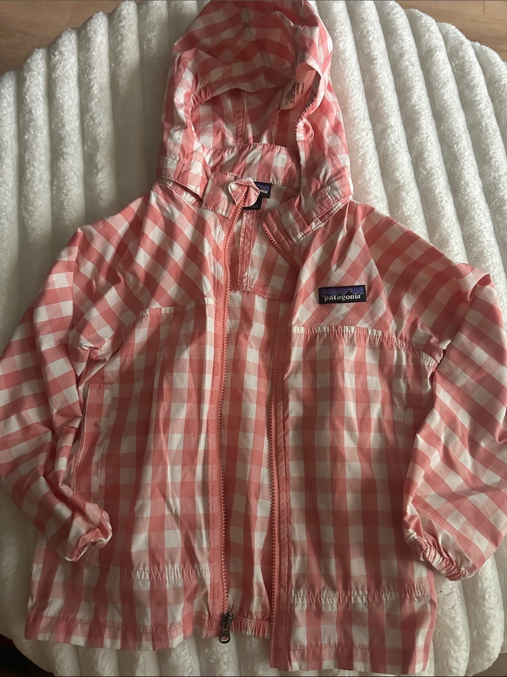 Patagonia Pink and White Gingham Hooded Rain Jacket